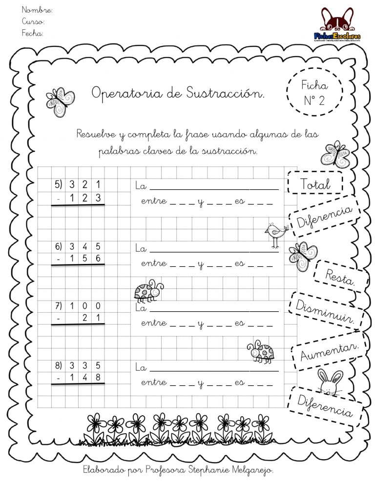 Sustracciones ejercicios con palabras claves