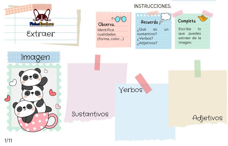 escritura extraer sustantivos, verbos y adjetivos (imágenes estáticas)